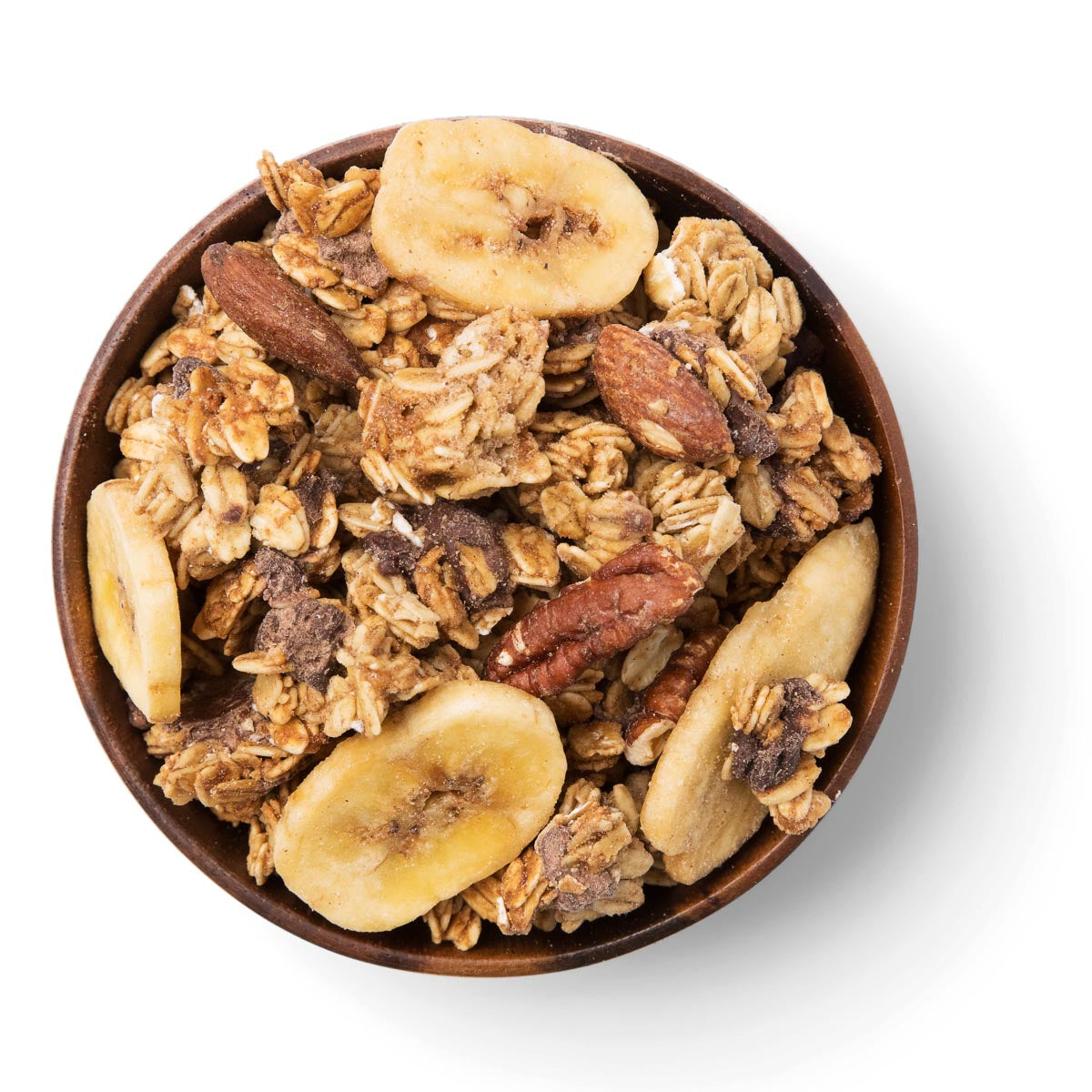 Wooden bowl filled with granola, bananas, and almonds on a white background