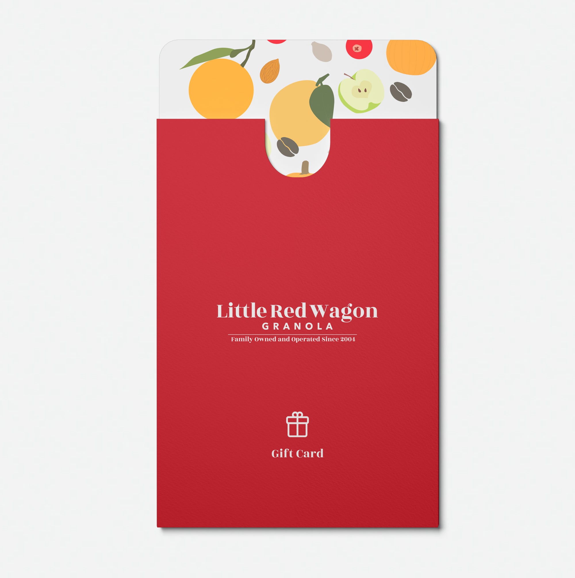 Red gift card for Little Red Wagon Granola with fruit illustrations on a white background