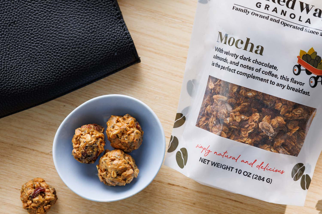 little red wagon granola mocha flavor next to energy balls for a blog about winter wellness energy snacks