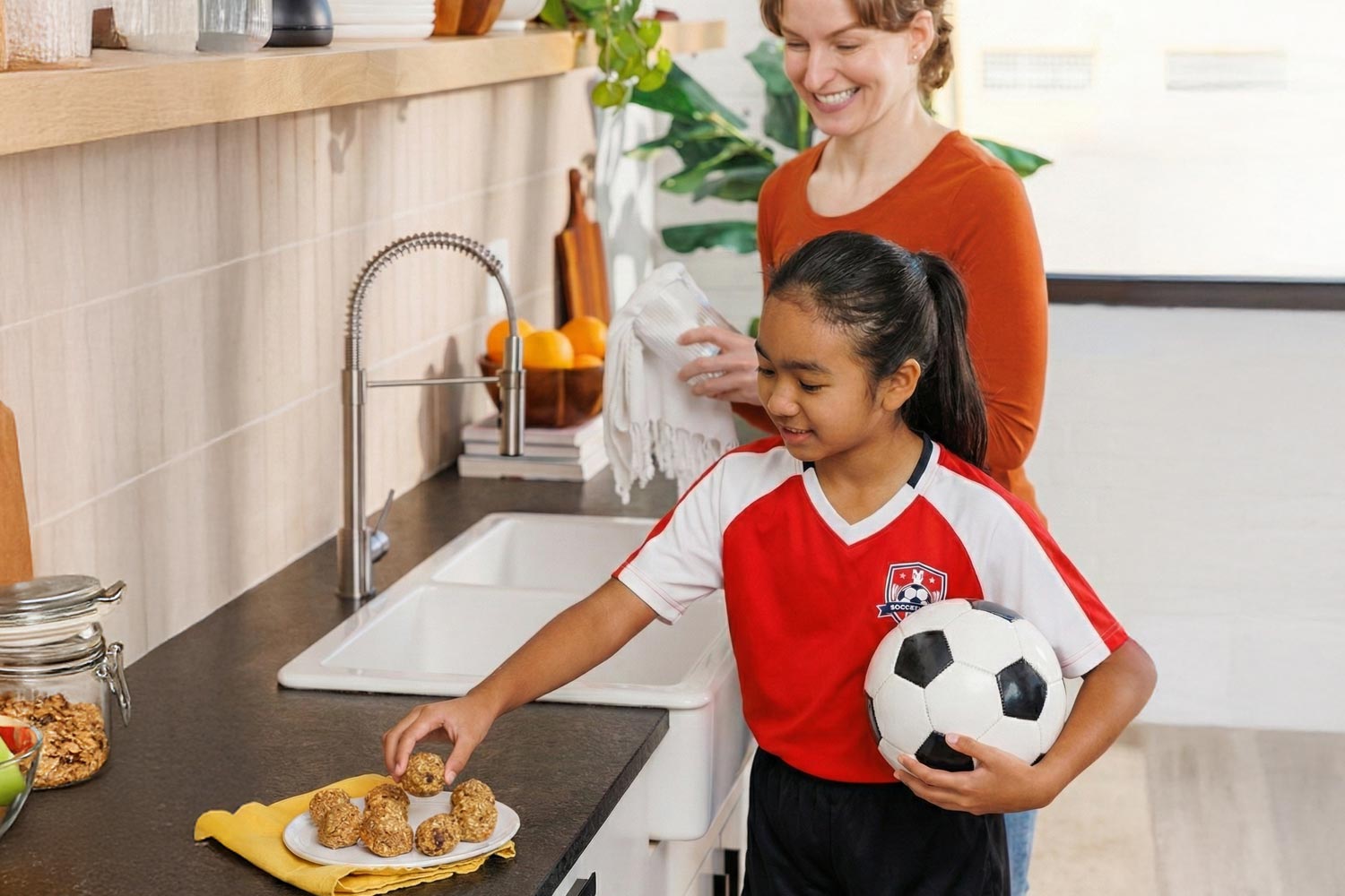 Tween in soccer uniform in kitchen picking up an energy ball for a blog about how to Snack Smarter for Spring Sports Season
