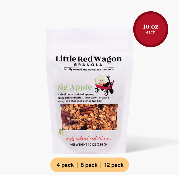 Little Red Wagon Granola package with a red circle indicating 10 oz each on a white background