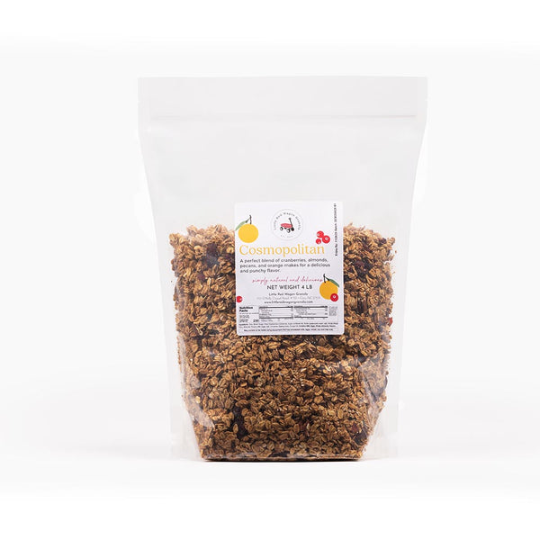 Bag of granola with a label on a white background