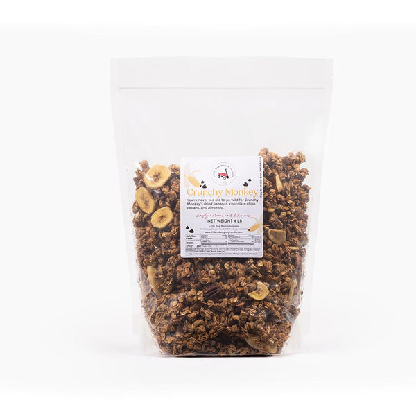 Bag of Crunchy Monkey pet food with a label on a white background