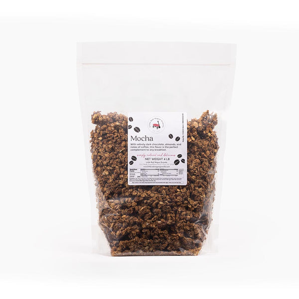 Bag of mocha-flavored product with a label on a white background