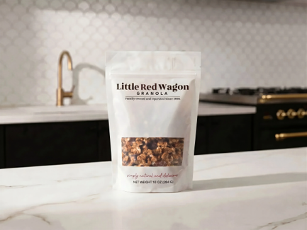 Bag of Little Red Wagon Granola on a kitchen counter