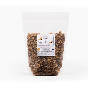 Bag of granola with a label on a white background