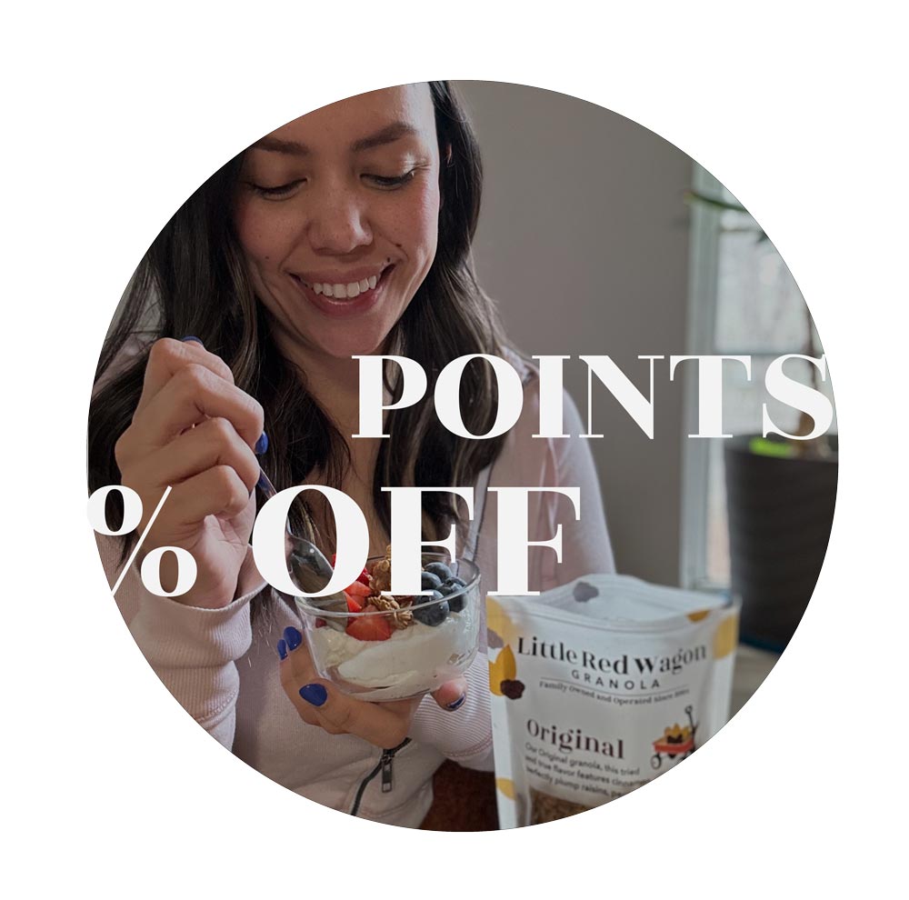Woman enjoying a parfait with a container of Little Red Wagon Granola, granola subscription 
