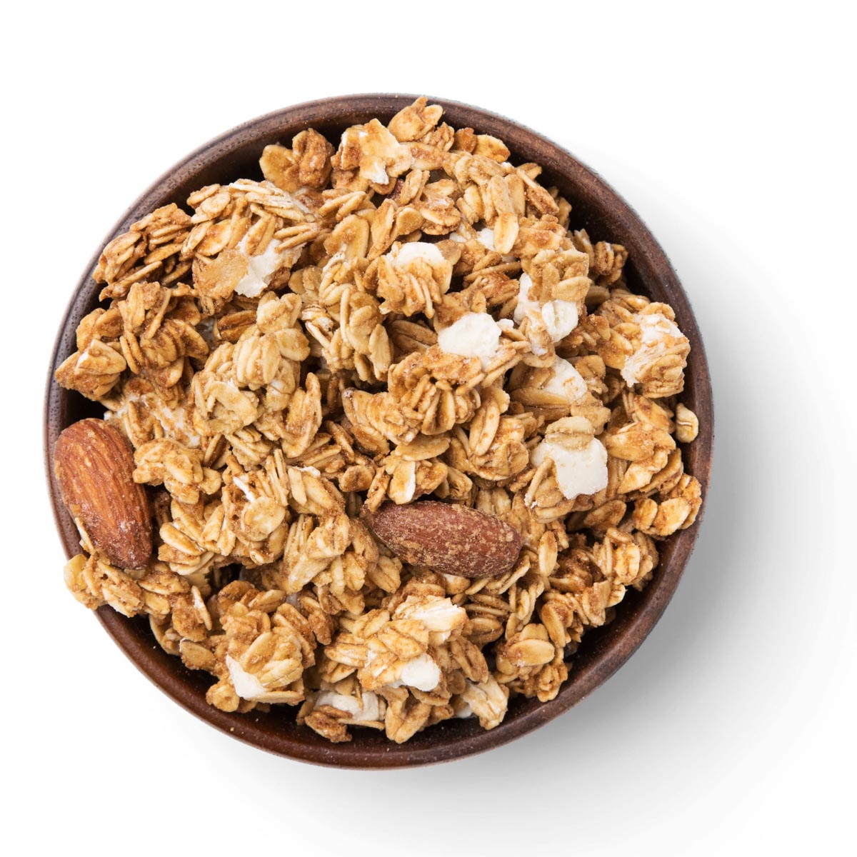 Bowl of granola with almonds on a white background