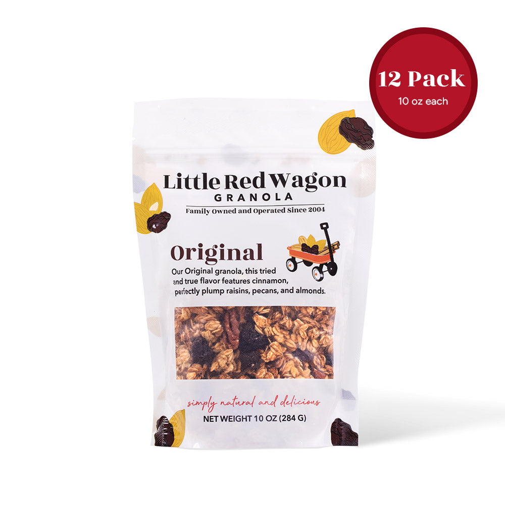 Little Red Wagon Granola package with a 12-pack label on a white background